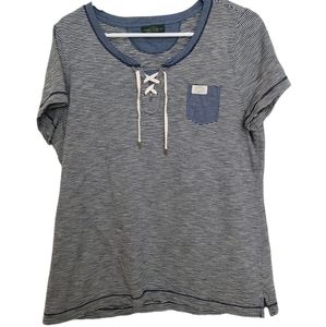 Lauren Jeans blue white stripe short sleeve t-shirt lace up front tie Large